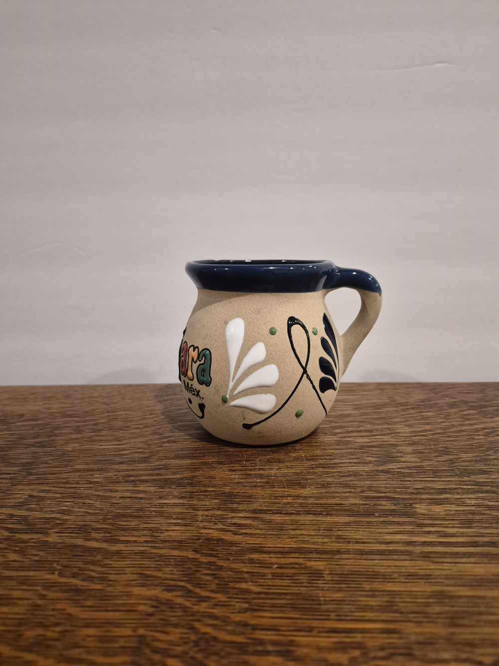 Traditional Mexican Clay Coffee Mug (jarrito de barro), hand-painted.